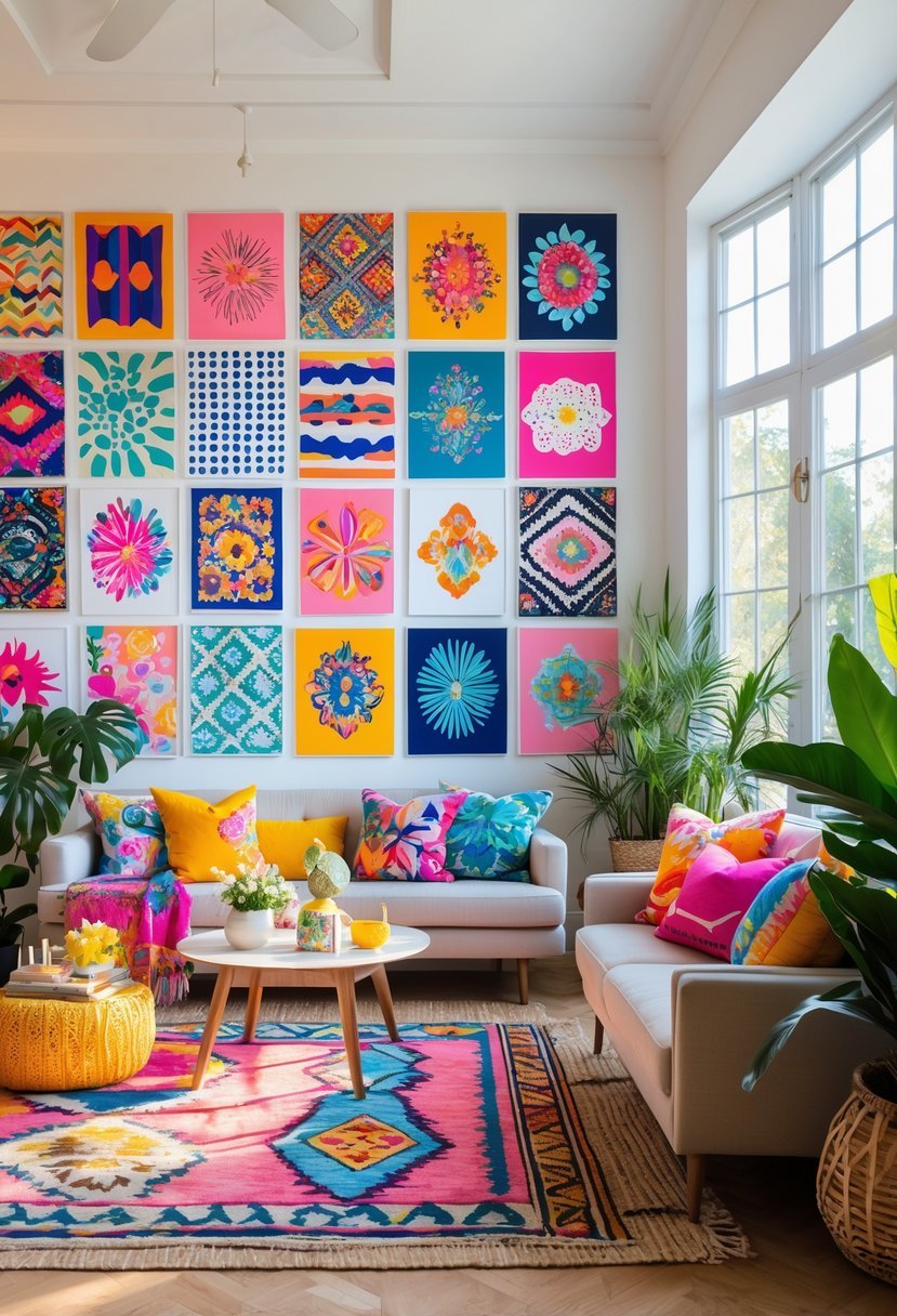 Living room with colorful wall art, a sofa with pillows, coffee table, plants, and natural light.