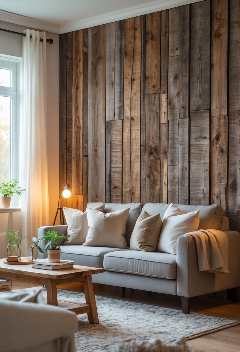 Living room with a wooden paneled wall, sofa, coffee table, and warm lighting.
