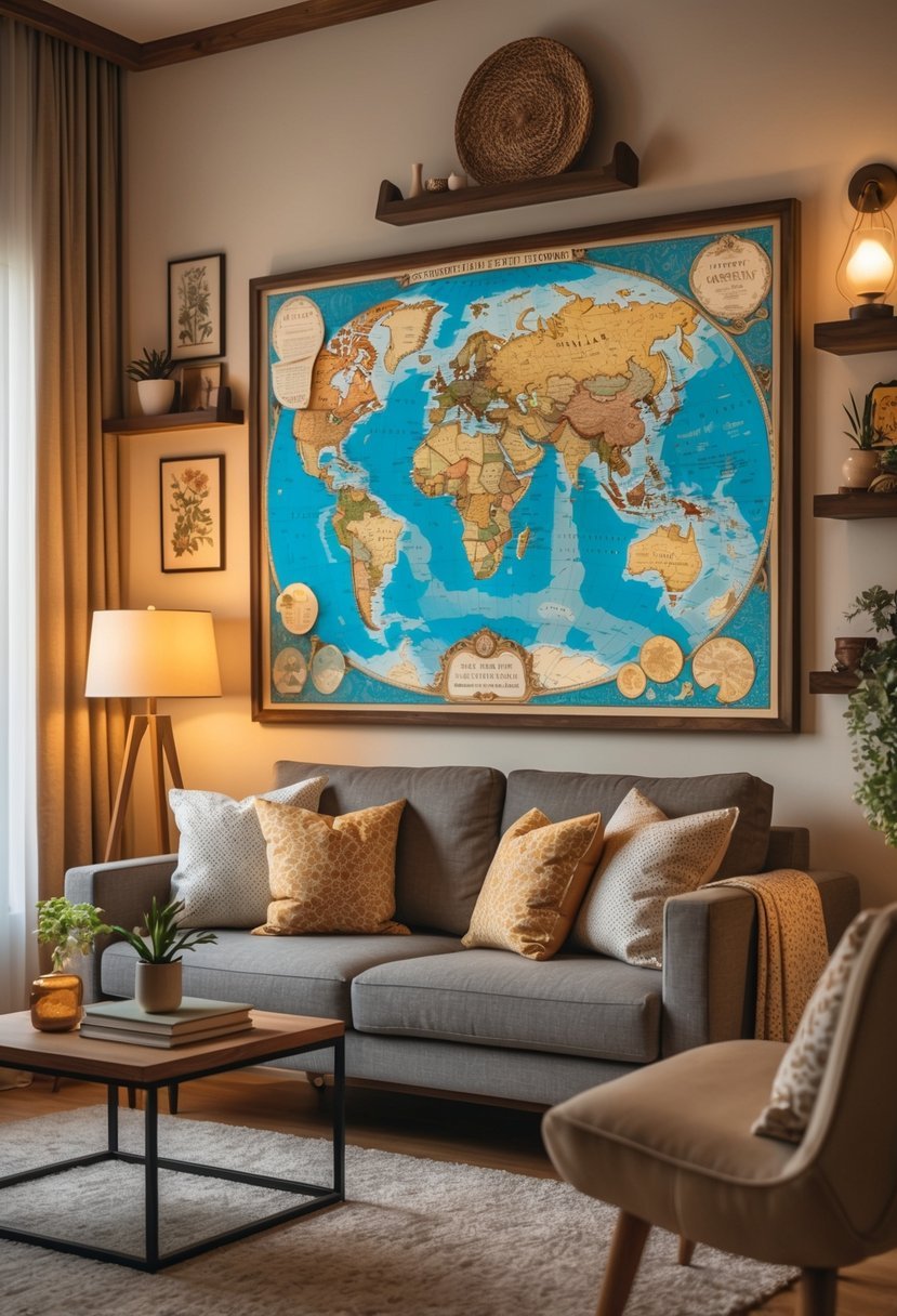 Living room with a large vintage map displayed on the wall above a sofa, featuring a coffee table and warm lighting.
