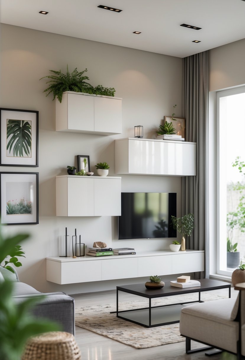 Living room with floating wall cabinets mounted on the wall above a sofa, decorated with plants and books.