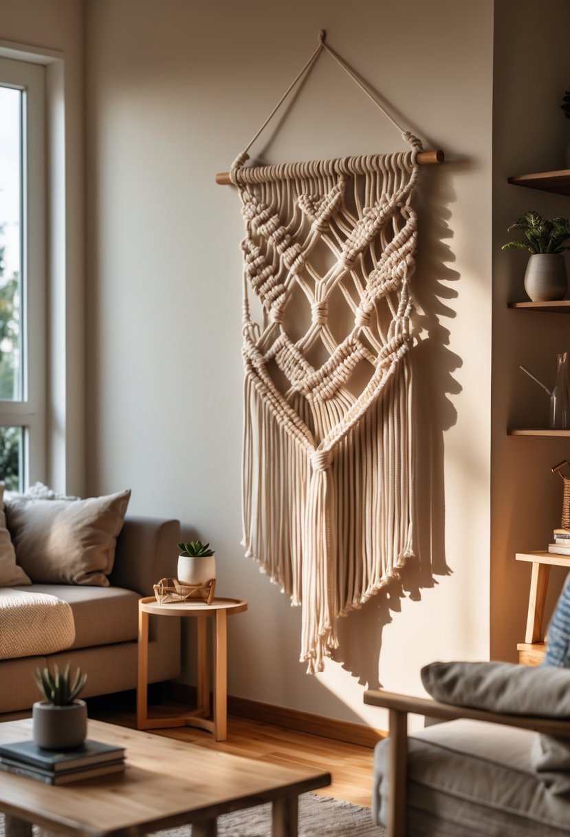 A living room with a sofa, coffee table, and a handmade macrame wall hanging on the wall.
