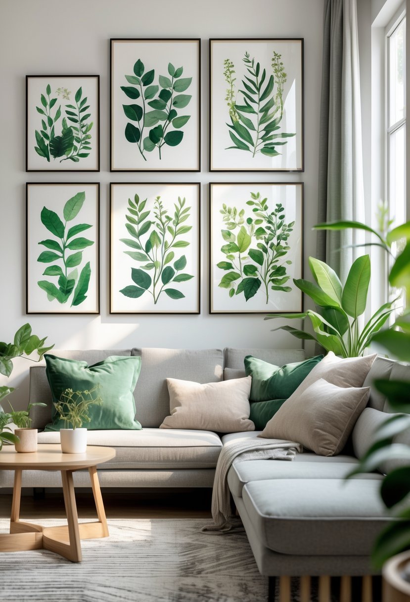 Living room with framed botanical prints on the wall above a sofa and a coffee table with a small plant.