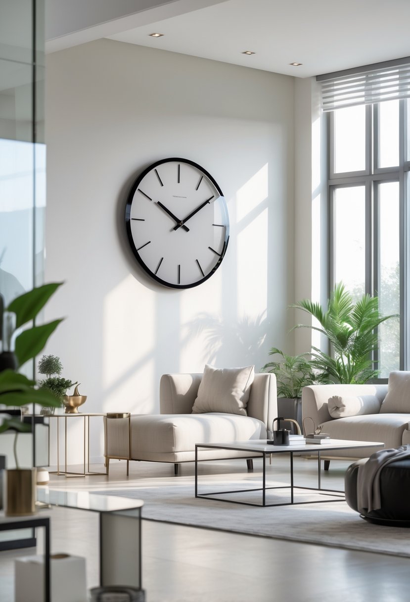 A bright living room with a modern acrylic wall clock on the wall, a sofa, coffee table, and plants near large windows.