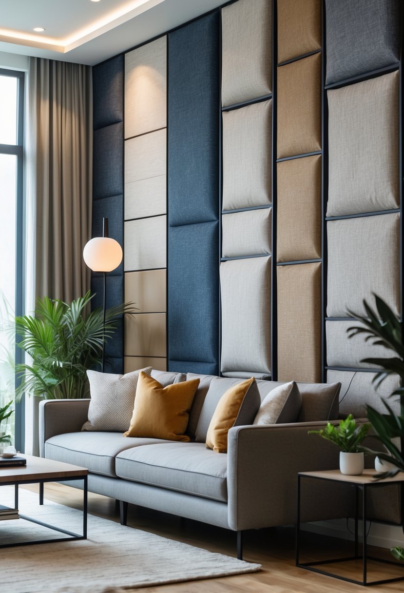 Living room with textured fabric wall panels behind a sofa, a coffee table, and indoor plants.