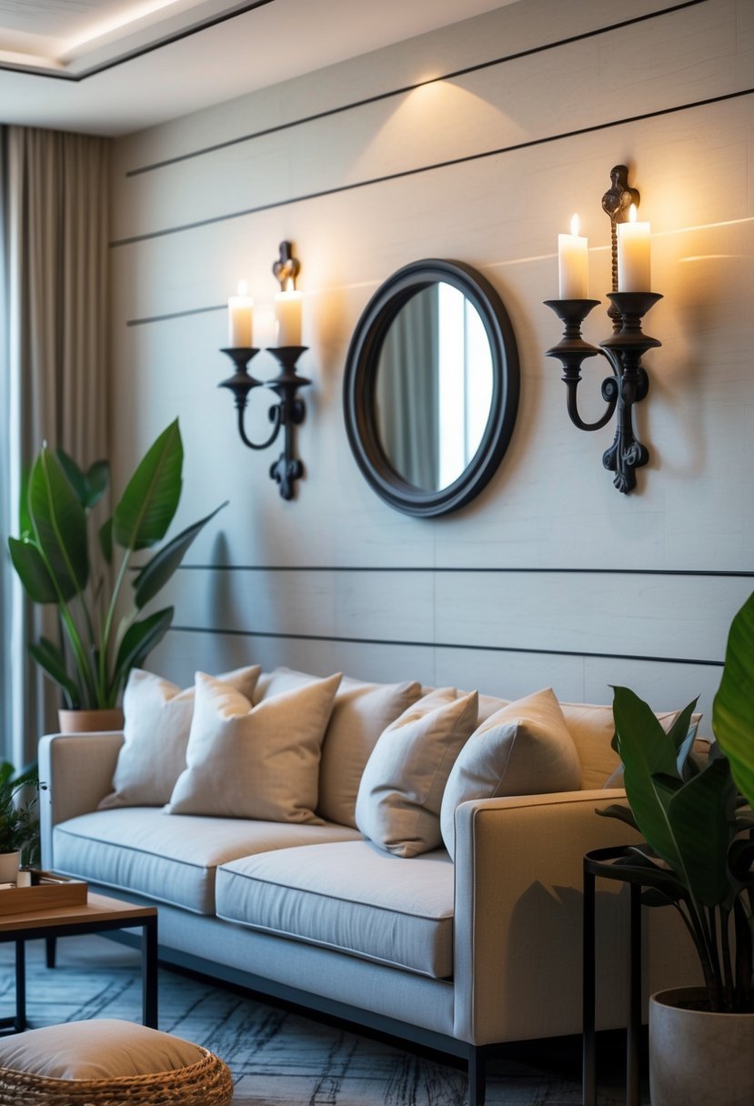Living room with wall-mounted candle sconces glowing warmly above a seating area.