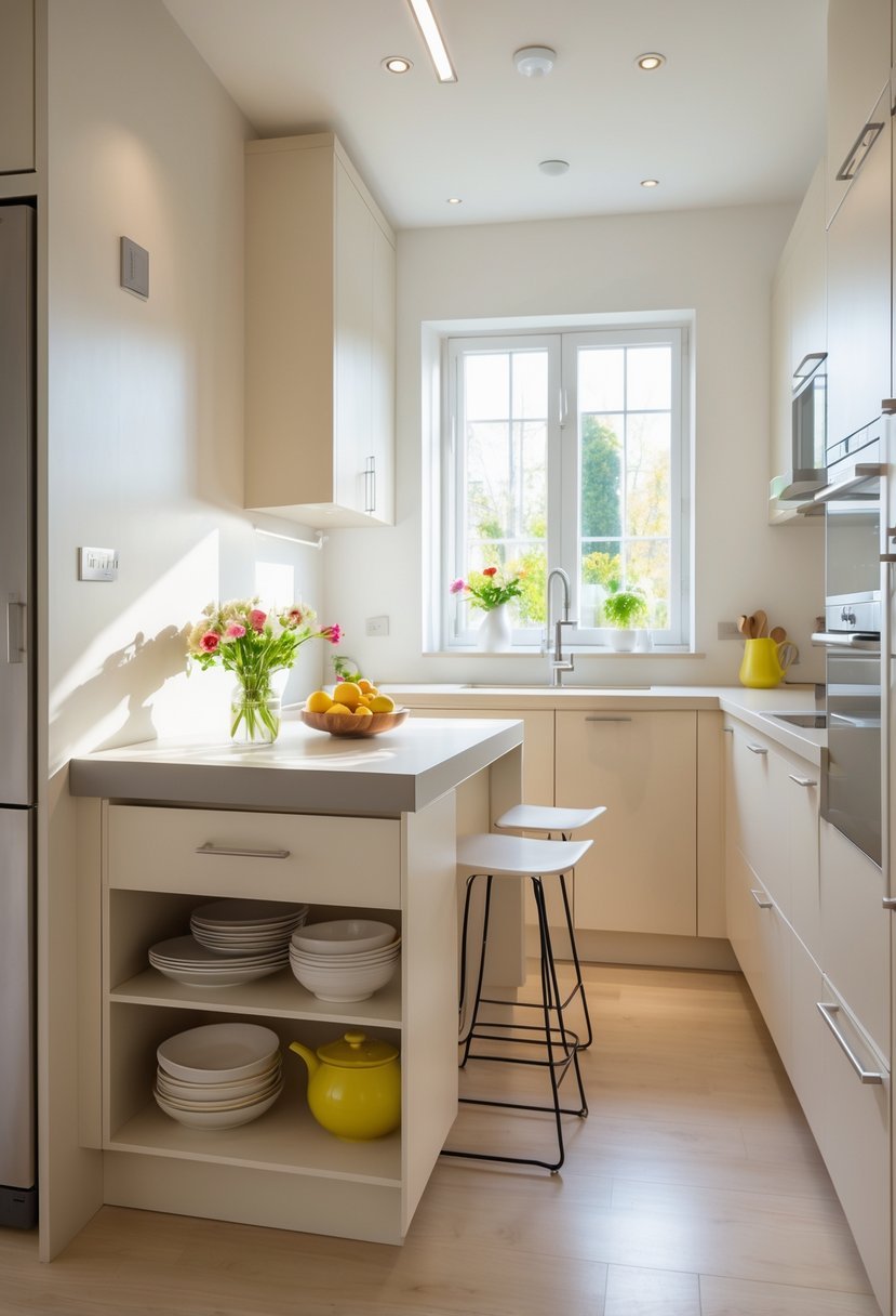 A small kitchen with a modern kitchen island featuring storage, bar stools, and natural light coming through a window.