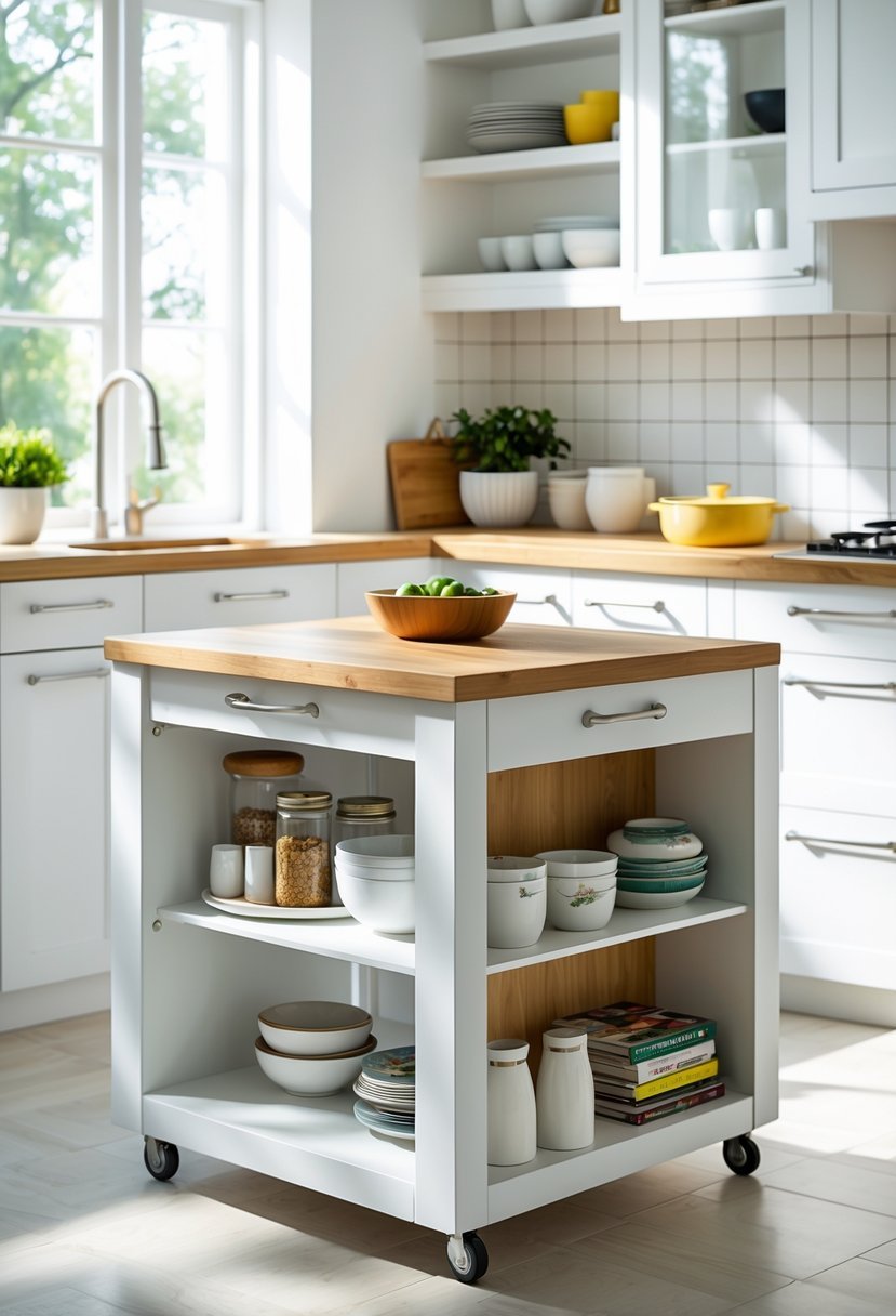 A compact rolling kitchen island with open shelves in a bright kitchen, holding kitchenware and positioned near cabinets and a window.