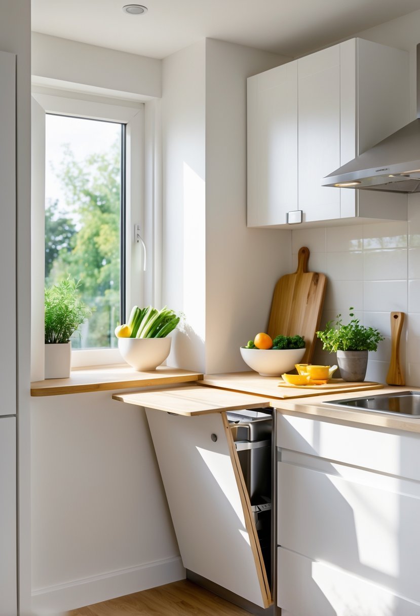 A small kitchen with a wall-mounted foldable kitchen island partially unfolded, showing a compact and functional cooking space.