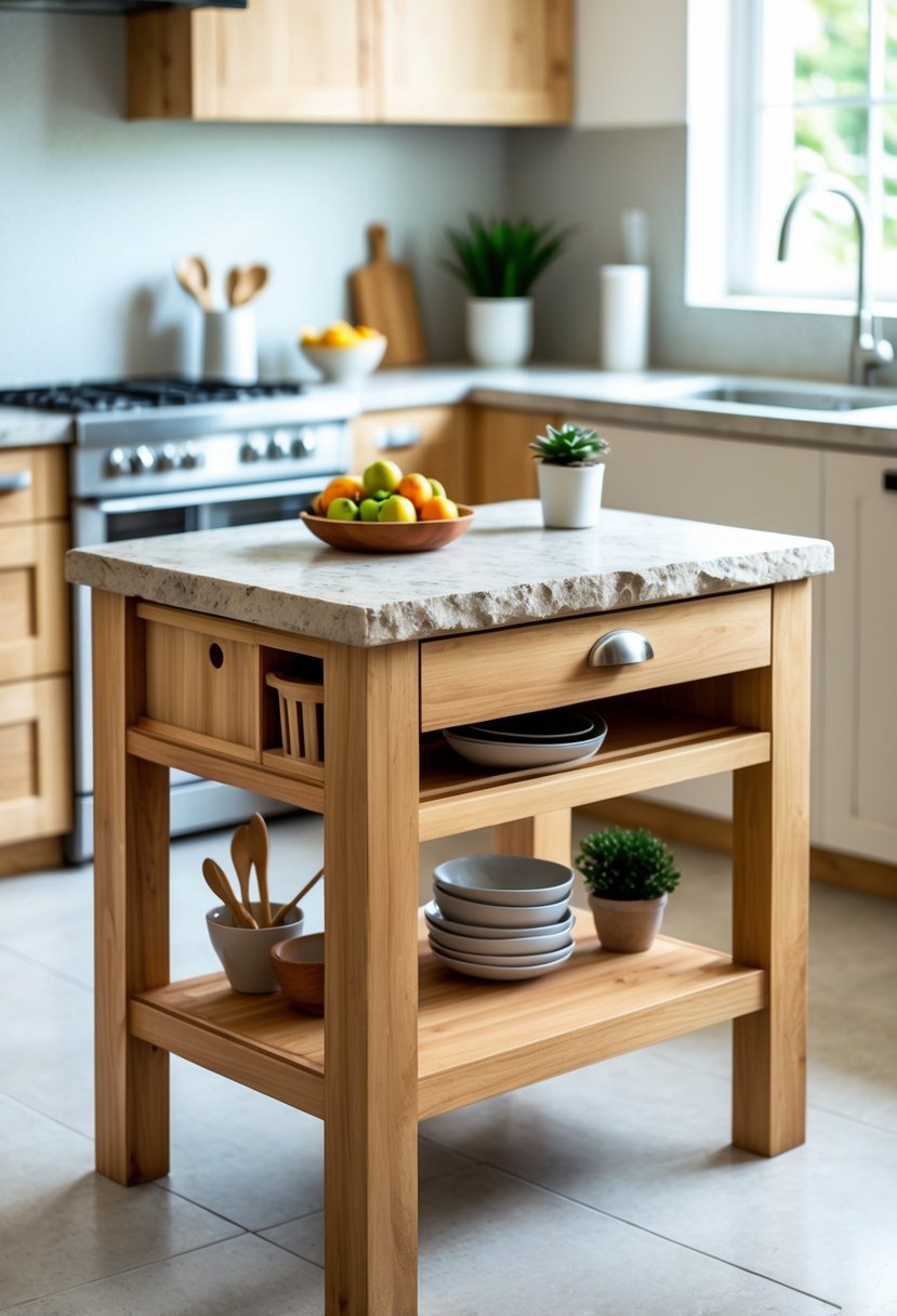 A small wooden kitchen island with a stone countertop in a bright kitchen with storage shelves and kitchen accessories.