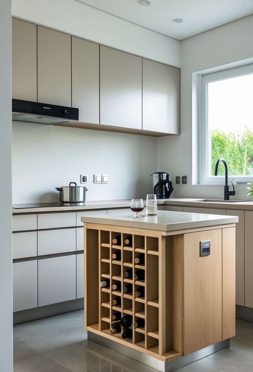 A small kitchen with a kitchen island that has a built-in wine rack holding several bottles.
