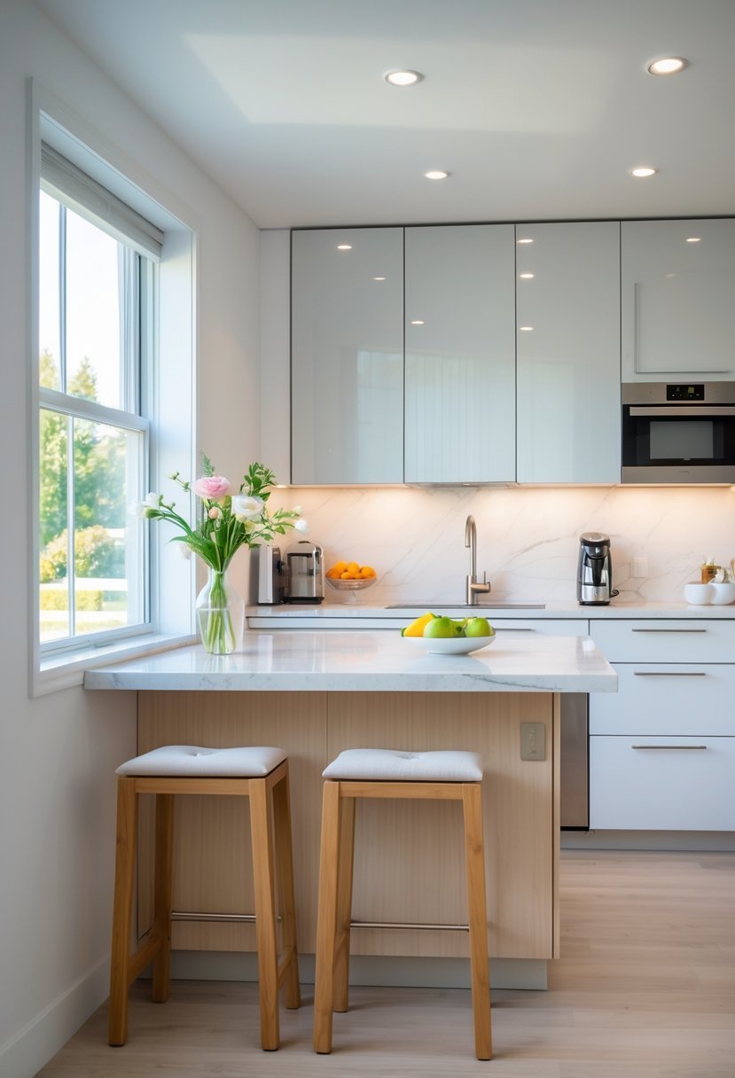 A narrow kitchen island with seating for two in a small kitchen, featuring stools and modern appliances.