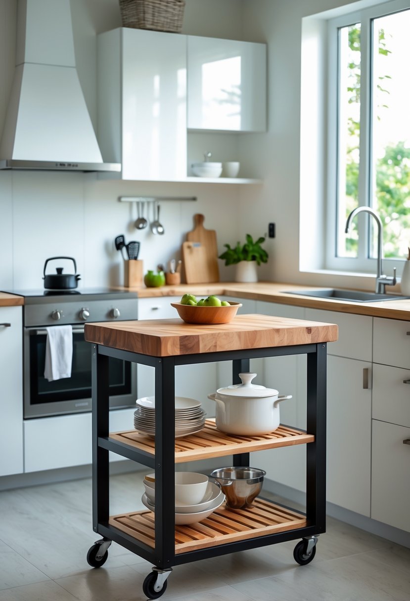 Mobile kitchen cart with butcher block top in a small kitchen with white cabinets and kitchen utensils.