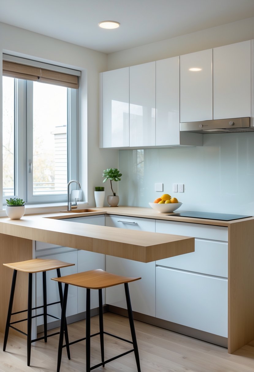 Small kitchen with a combination kitchen island and breakfast bar, featuring two stools and modern appliances.