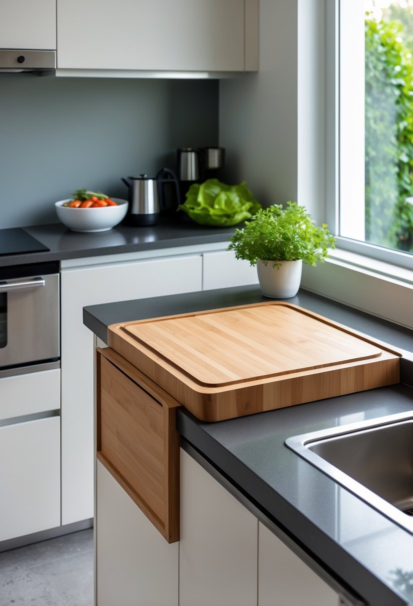 Small modern kitchen with a compact island featuring an integrated wooden cutting board and surrounding cabinets.