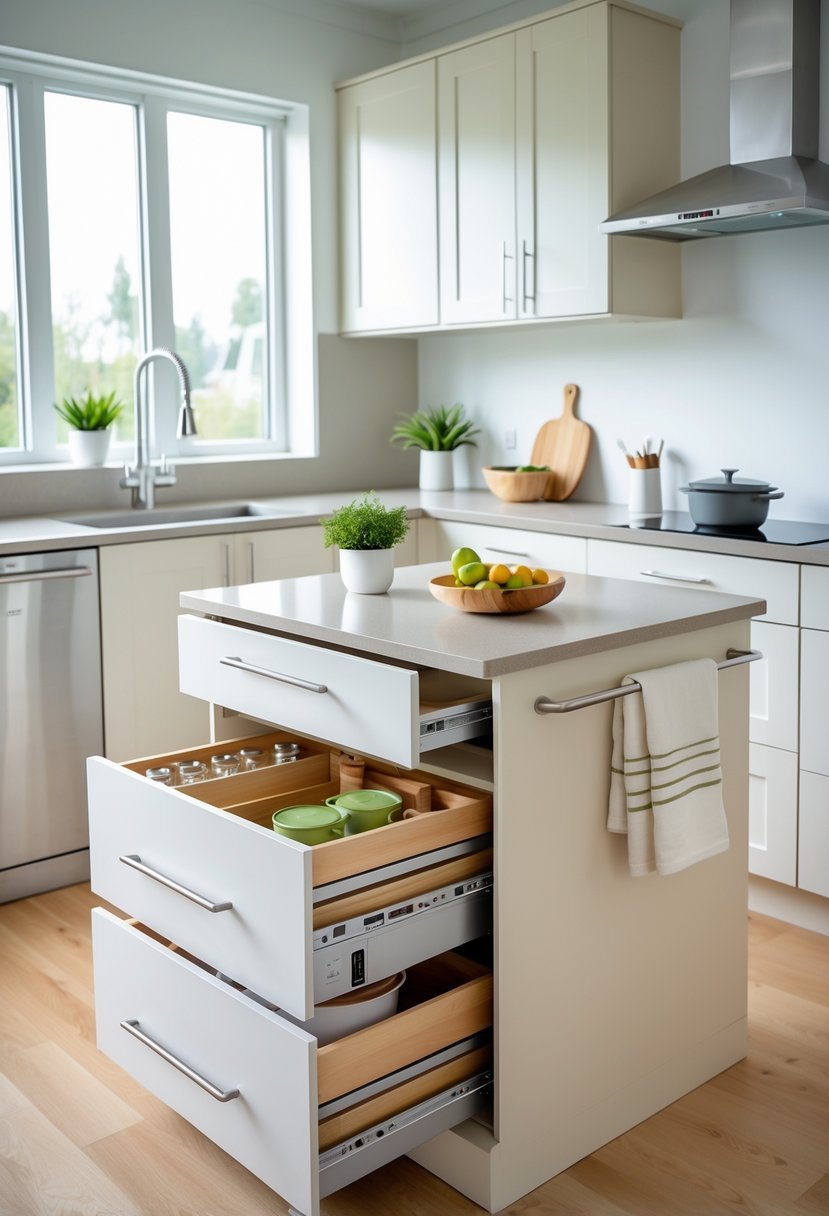 A kitchen island with storage drawers and towel racks in a small, well-lit kitchen.