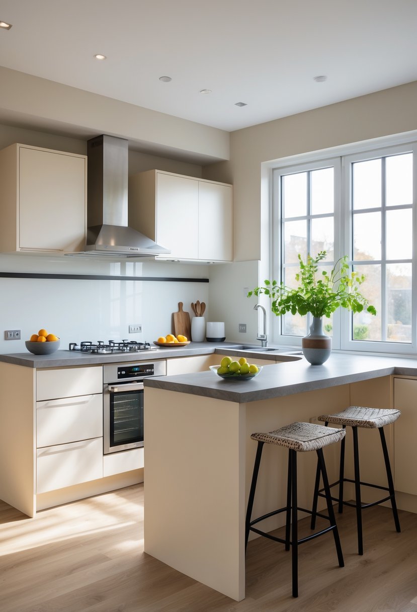 A small kitchen with a two-tier island used for cooking and dining, featuring stools and natural light.
