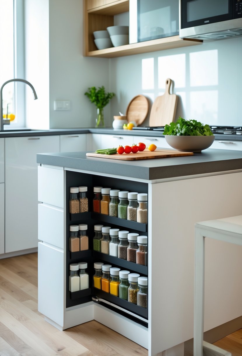 A kitchen island with built-in spice racks holding spice jars in a small kitchen.