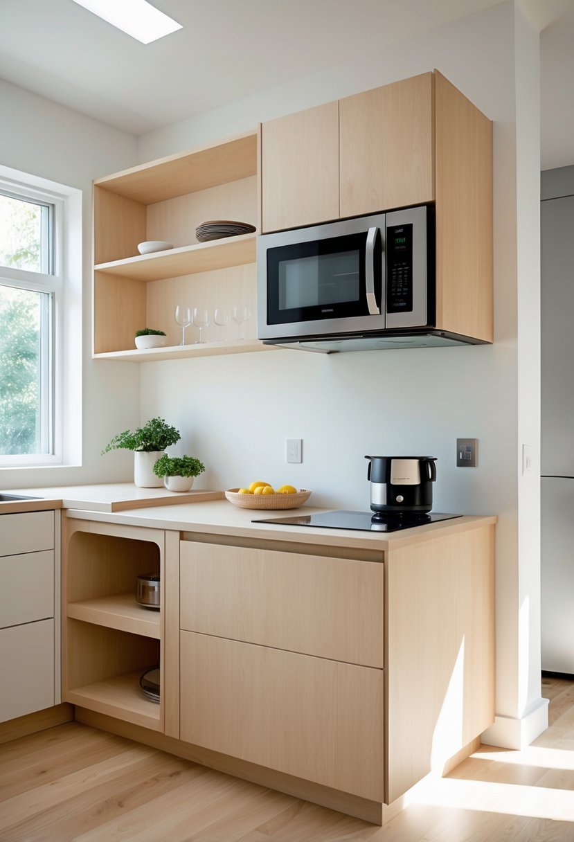 Small kitchen with a kitchen island that has a built-in microwave space, surrounded by cabinets and modern appliances.