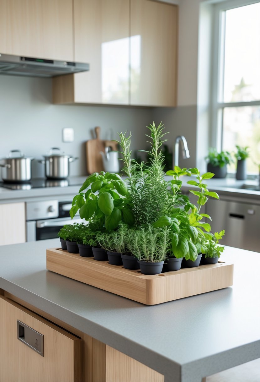Small kitchen with a kitchen island that has a built-in herb garden planter containing fresh green herbs.