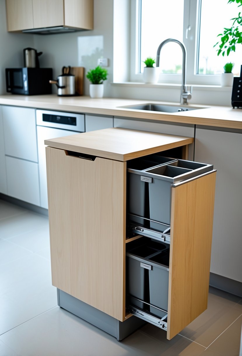 A small kitchen with a kitchen island that has pull-out trash bins partially open, showing organized compartments for waste and recycling.
