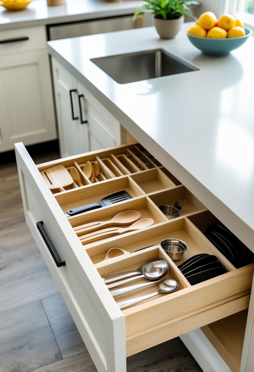 A kitchen island with organized drawers holding utensils in a small kitchen.