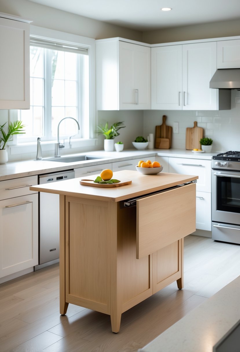 Compact kitchen island with a folding leaf extension in a small, bright kitchen with white cabinets and stainless steel appliances.