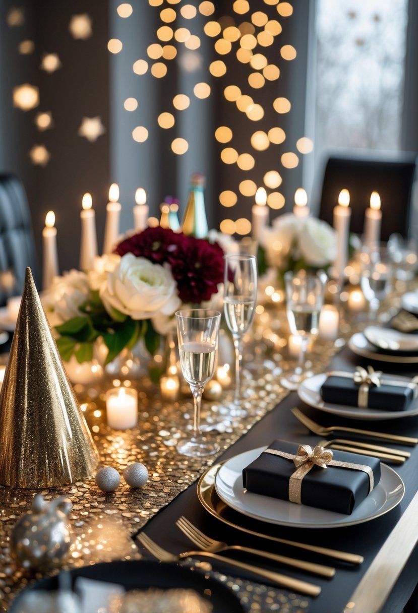 A festive New Year's Eve dining table decorated with candles, flowers, champagne glasses, party hats, confetti, balloons, and elegant tableware arranged for a celebration.