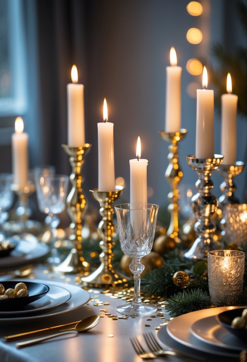 A table set for New Year's Eve with gold and silver candle holders holding lit candles, surrounded by festive decorations.