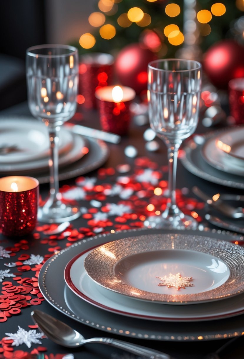 A New Year's Eve table decorated with red and silver confetti scattered across the surface, surrounded by glassware and plates.