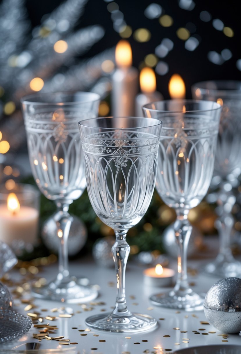 A festive table set with crystal glasses featuring etched patterns, surrounded by New Year's Eve decorations and candlelight.