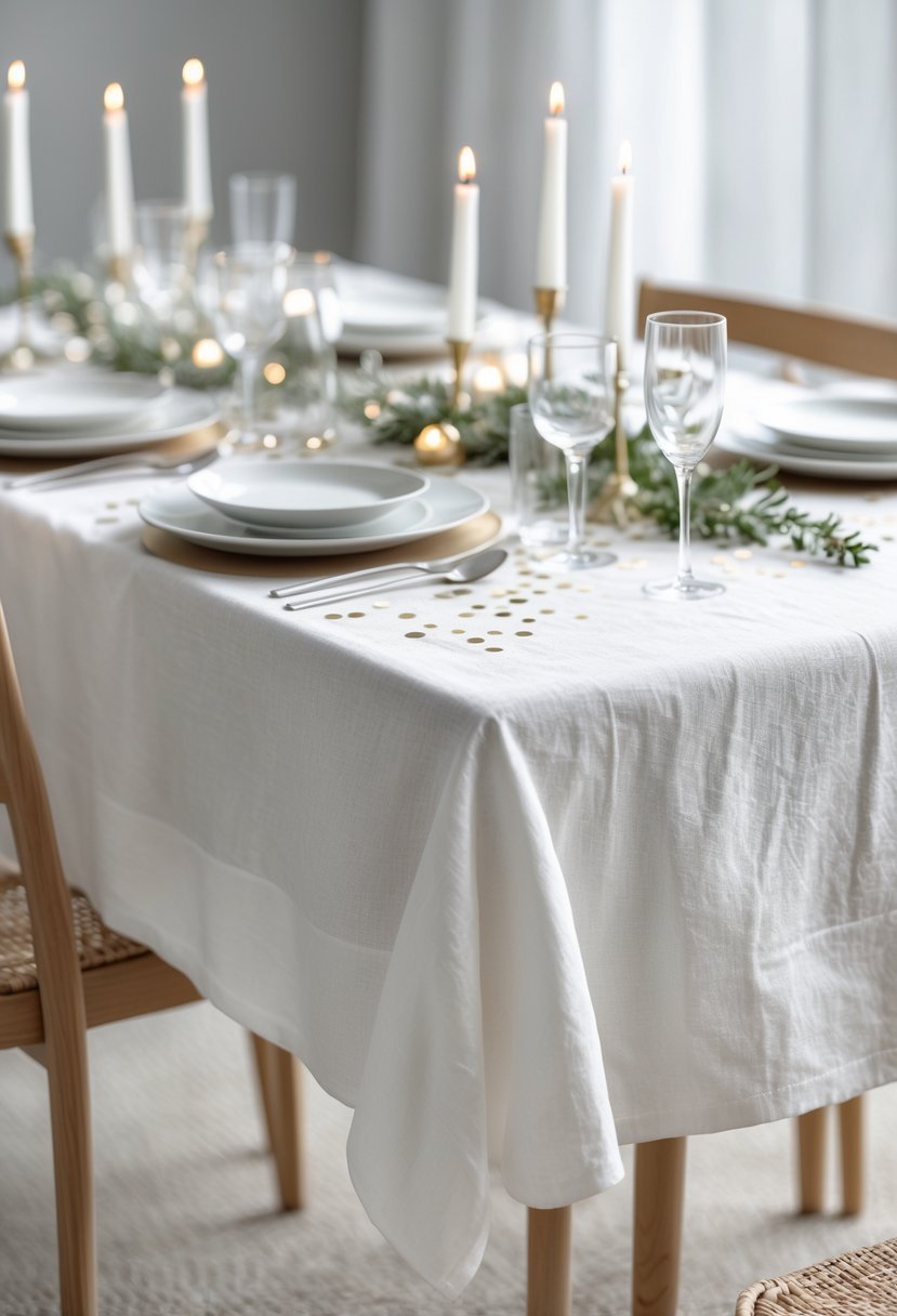 A dining table set with a white linen tablecloth, white plates, glassware, silver cutlery, candles, and small festive decorations.