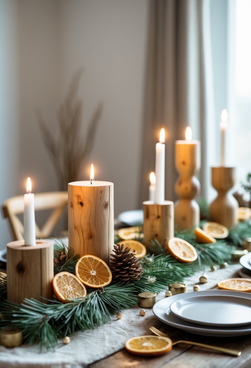 A New Year's Eve table with wooden centerpieces, candles, pine branches, and dried orange slices arranged on a rustic wooden table.