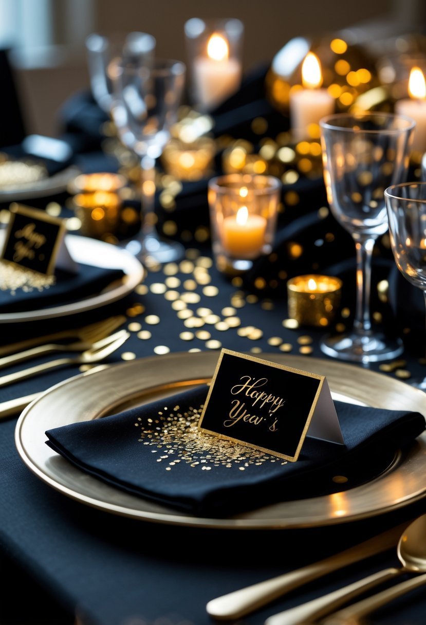 A New Year's Eve table setting with black and gold place cards, candles, and festive decorations.
