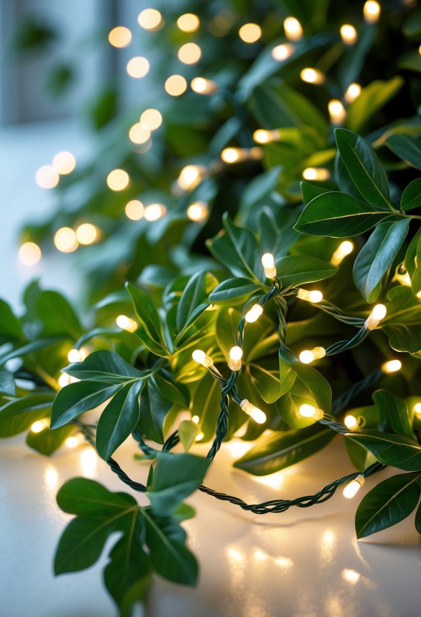 Close-up of warm LED string lights woven through green leaves on a table.