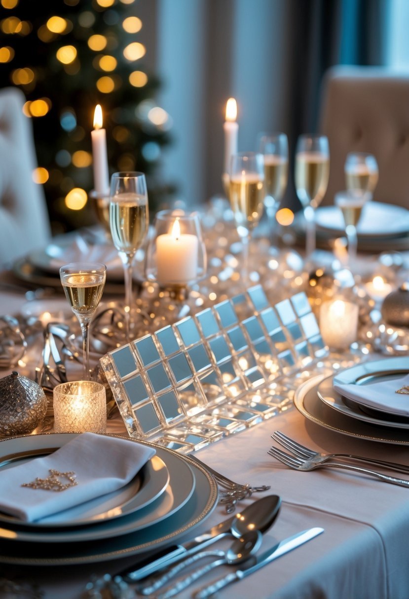 New Year's Eve table with mirror tile centerpiece reflecting light, surrounded by candles, glassware, and festive decorations.