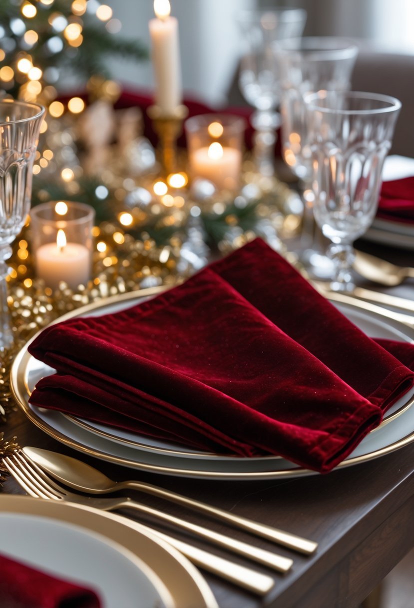 A New Year's Eve table set with bold red velvet napkins, white and gold dinnerware, crystal glasses, and festive decorations under soft candlelight.