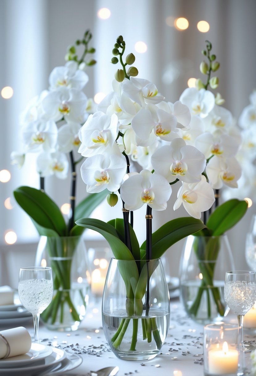 Clear glass vases holding white orchids arranged on a decorated table for New Year's Eve.