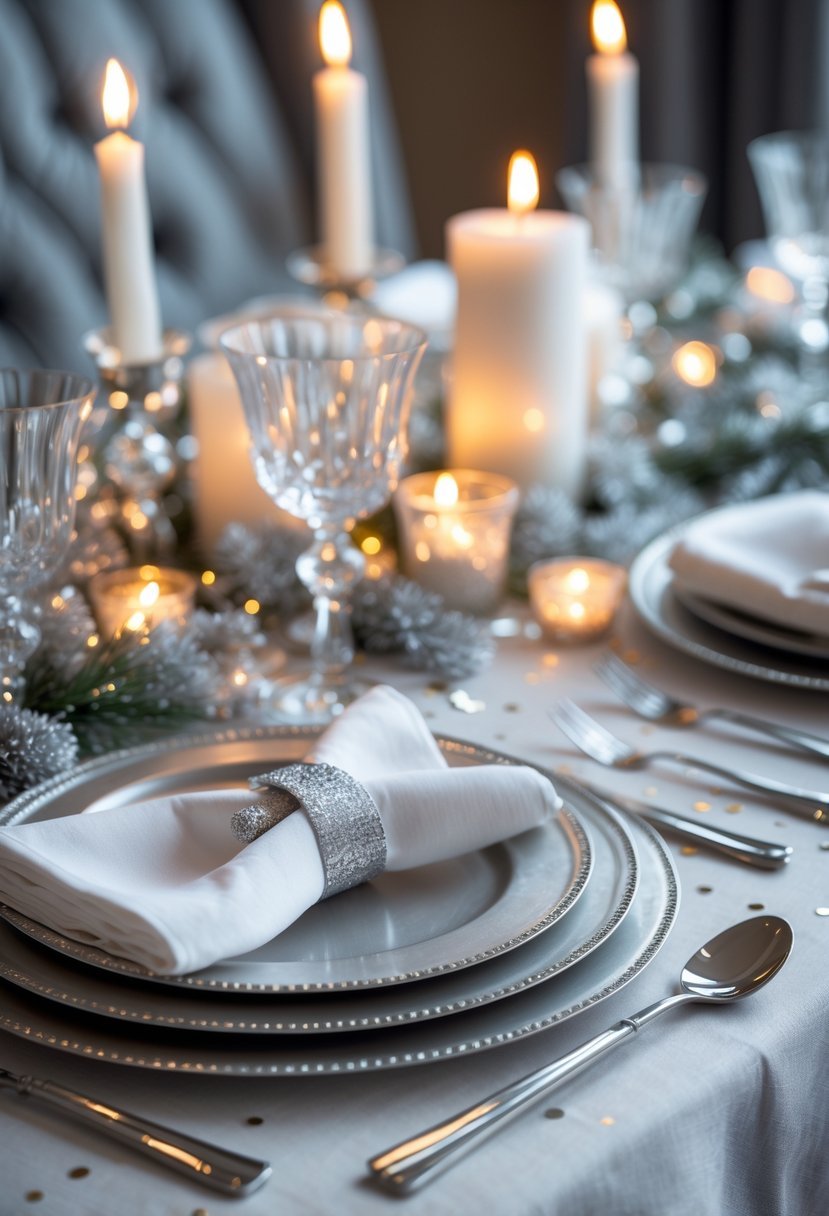 A New Year's Eve table set with silver charger plates, candles, glassware, and festive decorations.