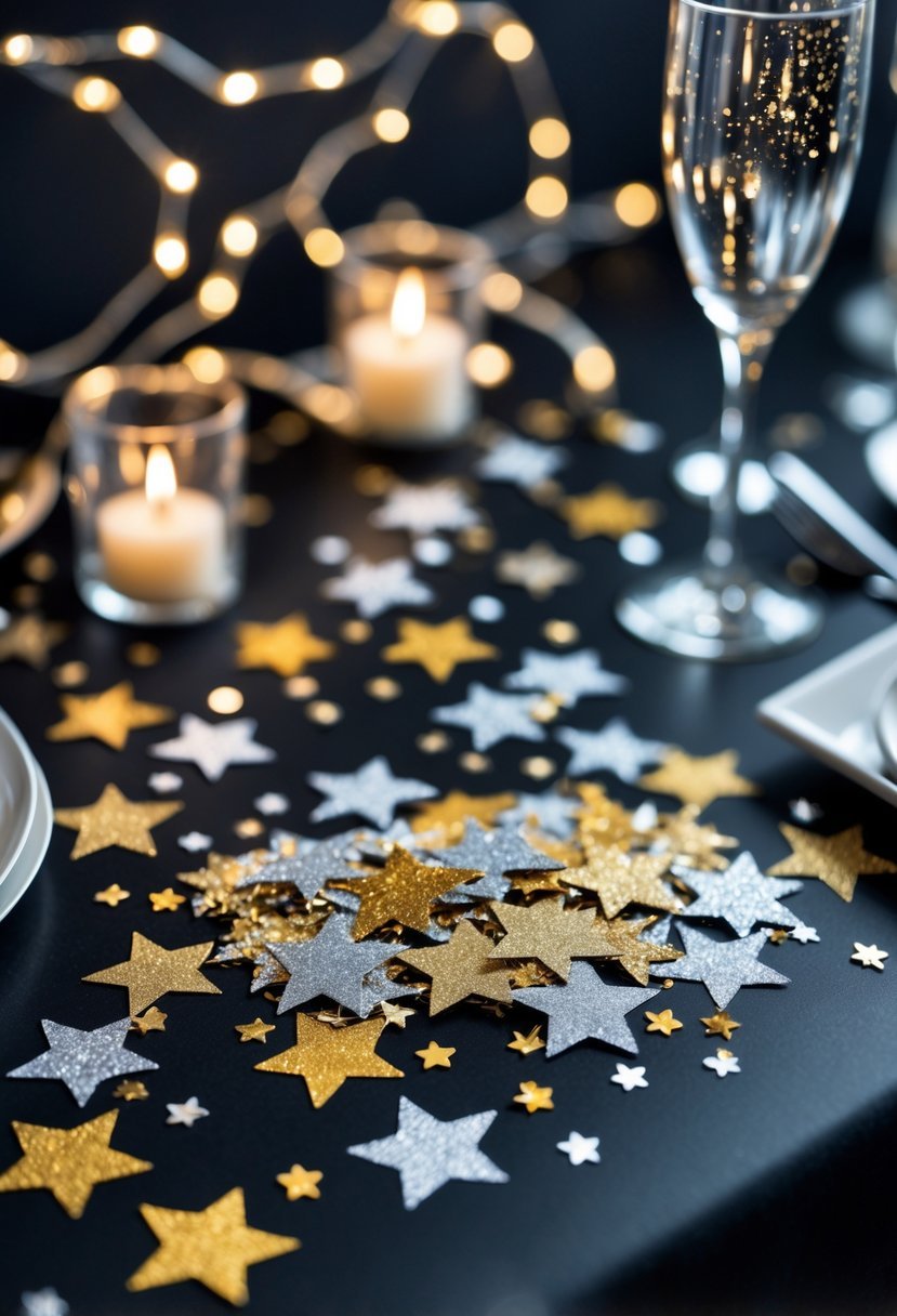Close-up of a table decorated with glittery star-shaped confetti and festive party elements.