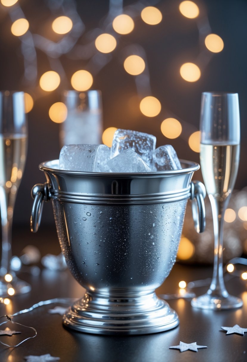 Small silver champagne bucket filled with ice on a decorated New Year's Eve table with glasses and festive lights.
