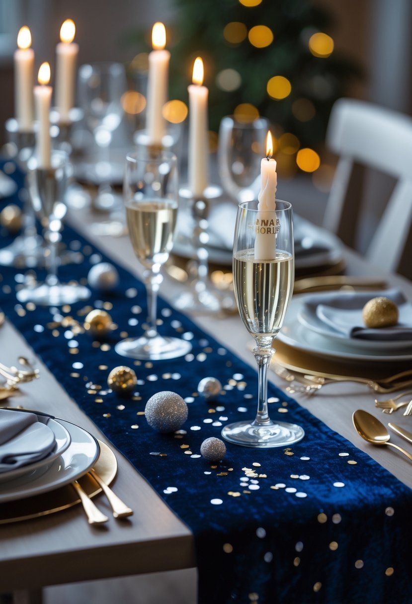 A New Year's Eve table decorated with a midnight blue velvet runner, candles, glassware, and festive party decorations.