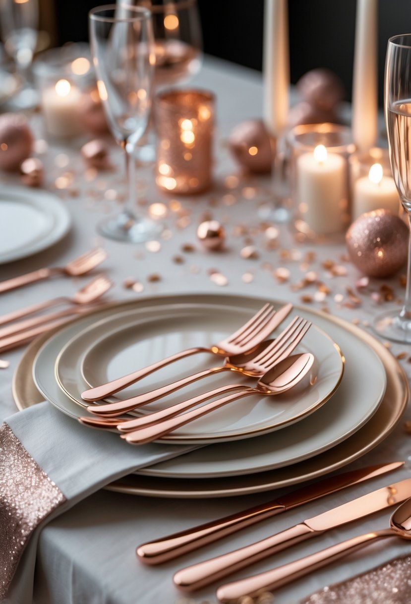 A festive table set for New Year's Eve with rose gold cutlery arranged on white plates and decorated with candles and glassware.