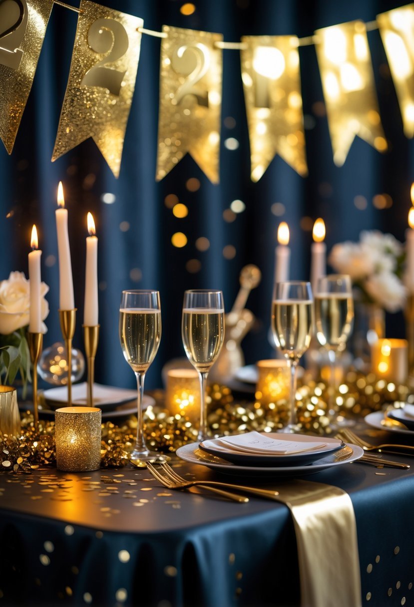 A festive New Year's Eve table decorated with gold foil banners, candles, confetti, and champagne glasses.