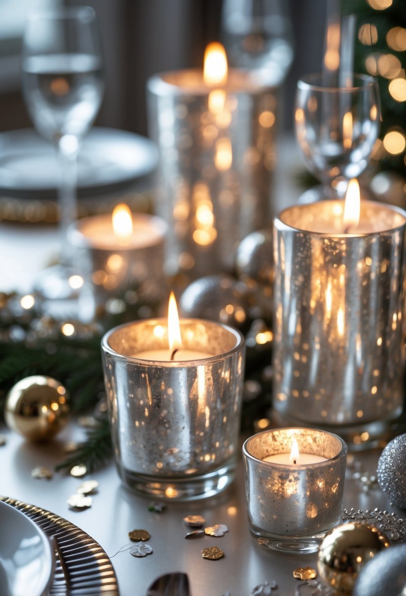 A table set for New Year's Eve with glowing mercury glass votive candles surrounded by festive decorations.
