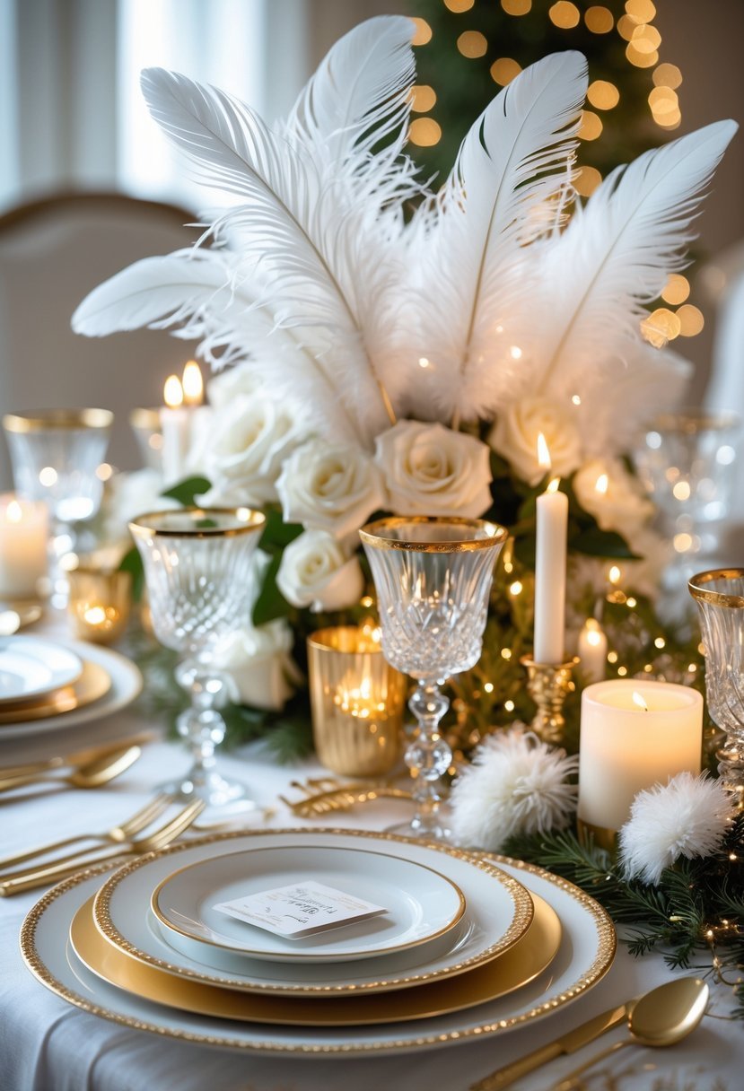 A festive New Year's Eve table decorated with white and gold feather accents, gold candles, white flowers, and elegant tableware.