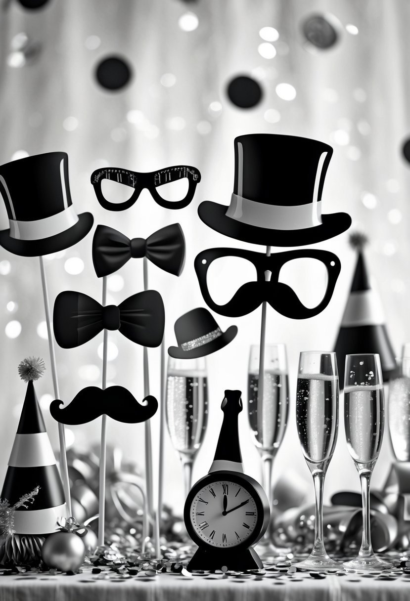 A table set with black and white photo booth props and New Year's Eve decorations including champagne glasses and candles.