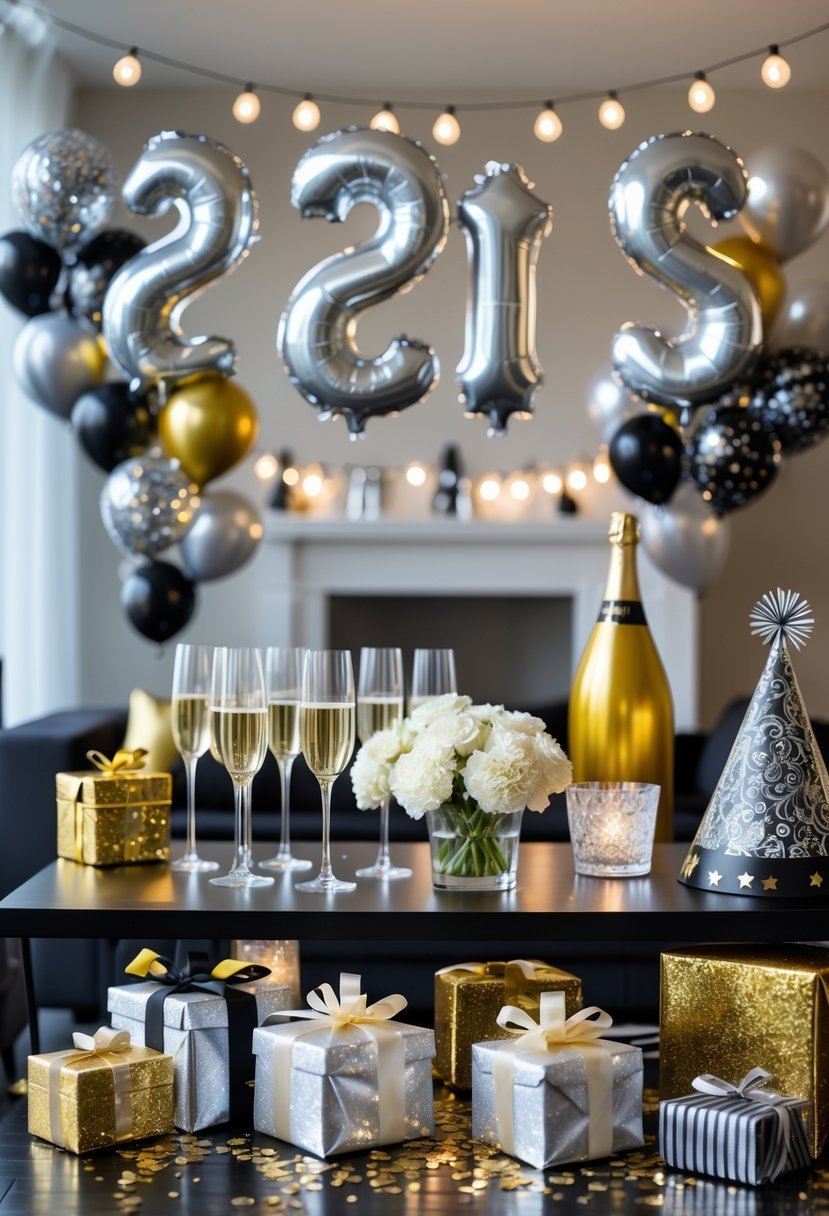 A festive New Year's Eve party scene with balloons, confetti, string lights, champagne glasses, candles, flowers, clocks, and gift boxes arranged on a decorated table.