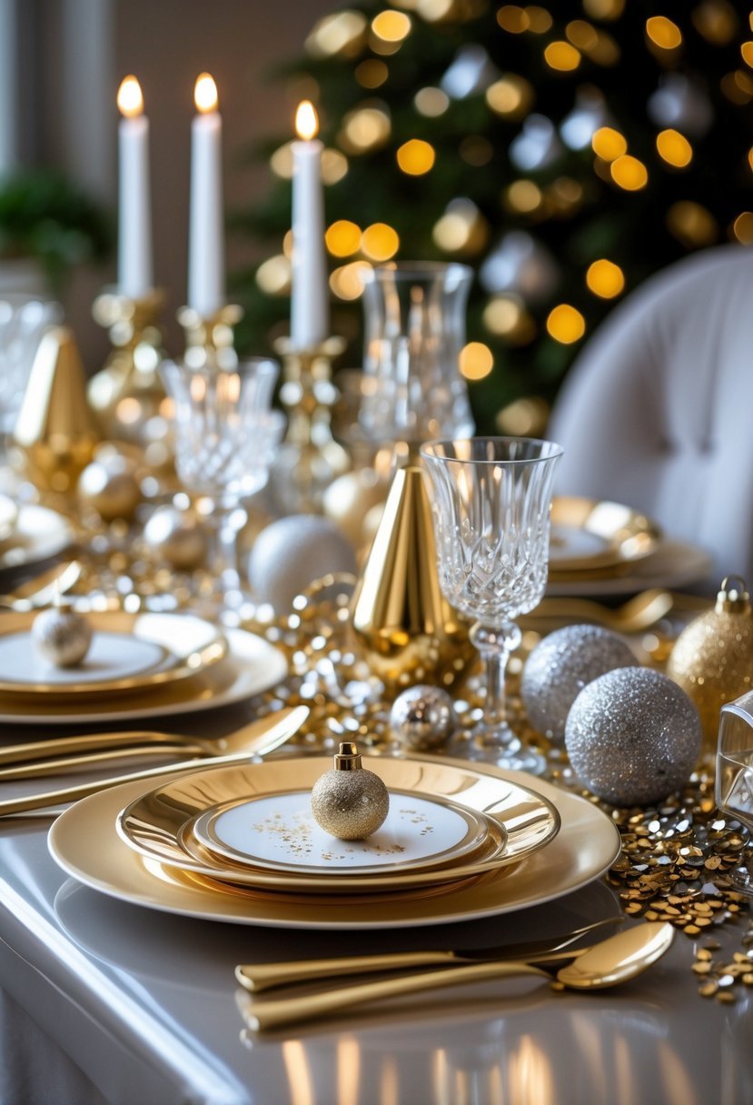 A festive dining table decorated with gold and silver tableware, candles, and sparkling ornaments for a New Year's Eve celebration.