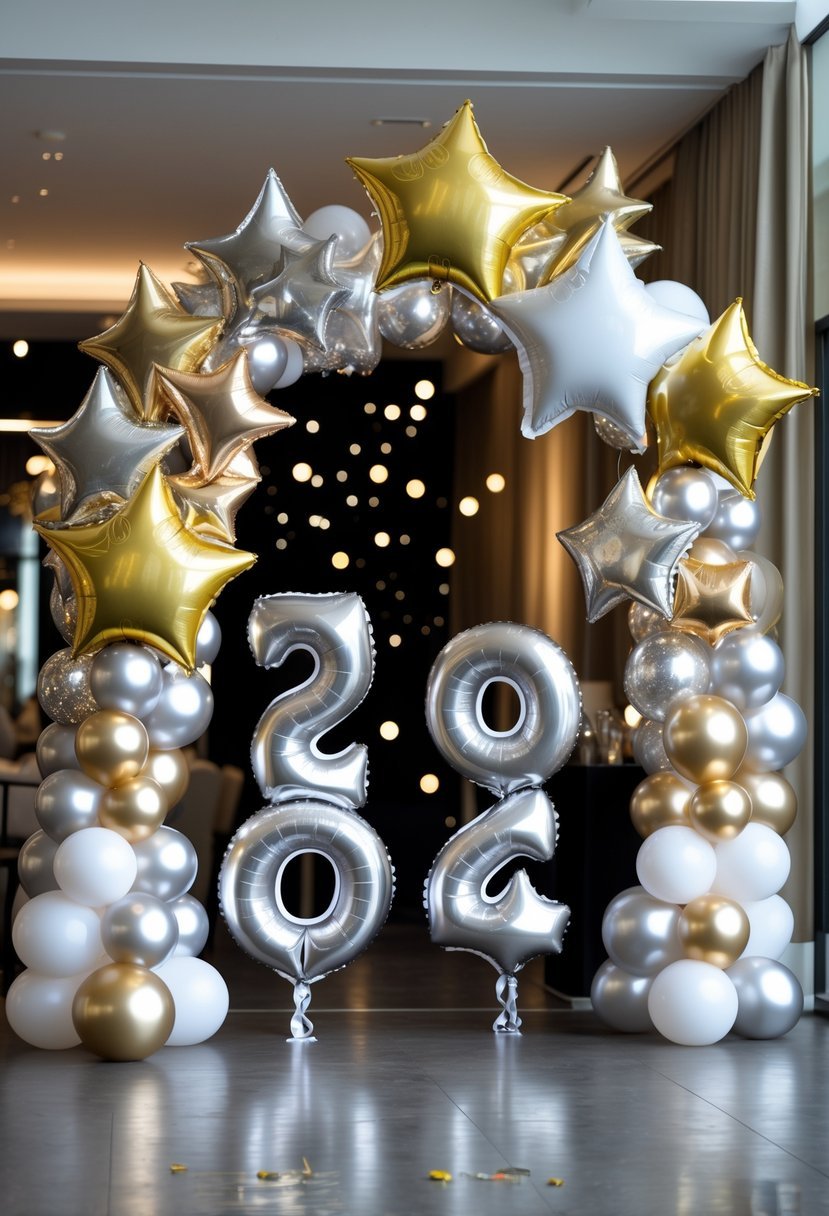 A festive New Year's Eve party scene with balloon arches featuring large star and number balloons.