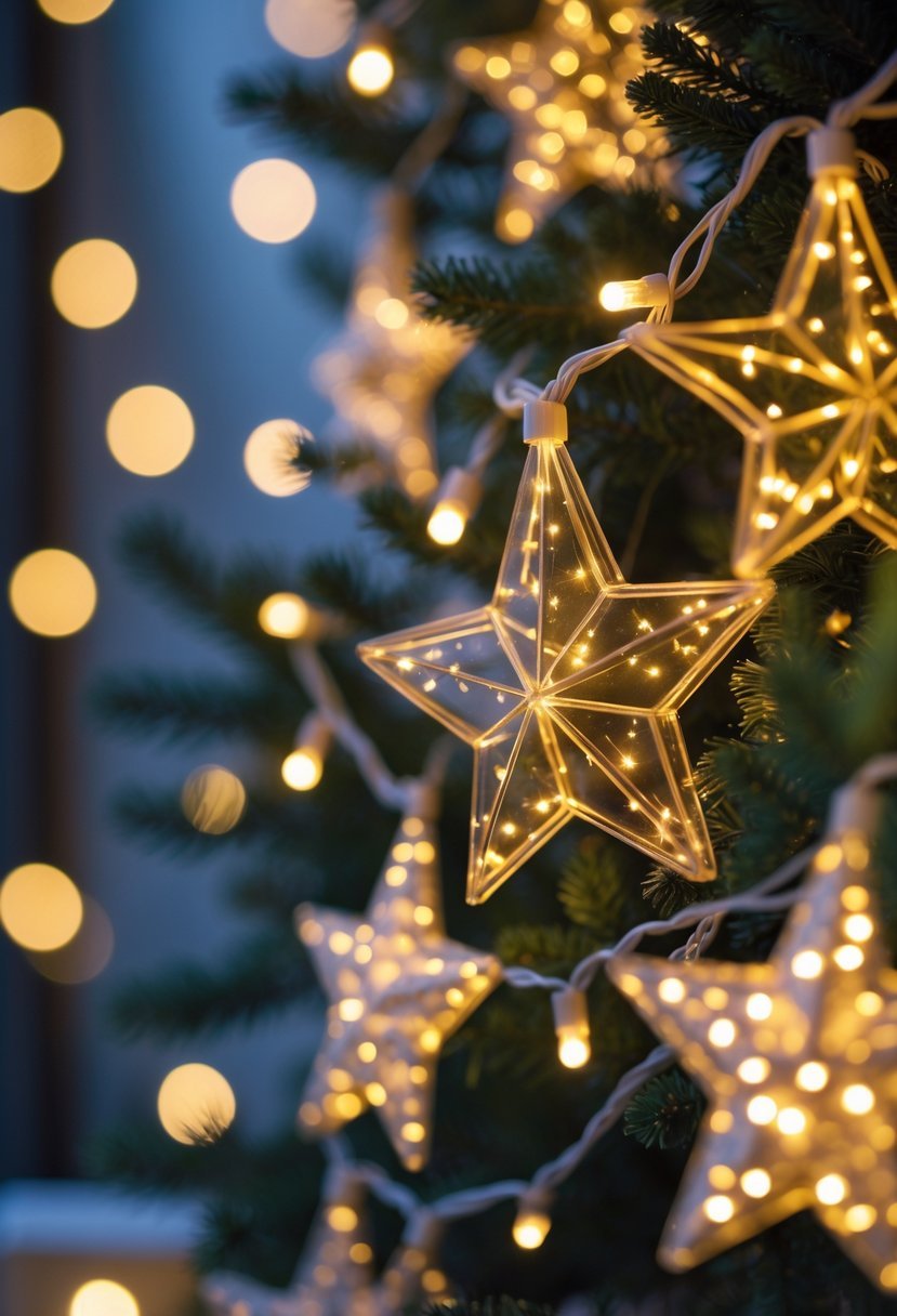 Star-shaped garlands with warm LED fairy lights glowing softly in a festive setting.